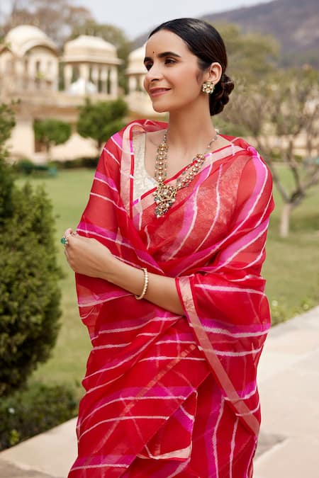 Shop Geroo Jaipur Red Kota Doria Leheriya Dyed Saree With Unstitched Blouse Fabric Online at Aza Fashions Shop_Geroo Jaipur_Red Kota Doria Leheriya Dyed Saree With Unstitched Blouse Fabric _Online_at_Aza_Fashions