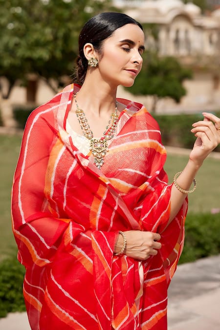 Buy Geroo Jaipur Red Silk, Kota Doria Leheriya Tie Dye Saree With Unstitched Blouse Fabric Online at Aza Fashions Buy_Geroo Jaipur_Red Silk, Kota Doria Leheriya Tie Dye Saree With Unstitched Blouse Fabric _Online_at_Aza_Fashions