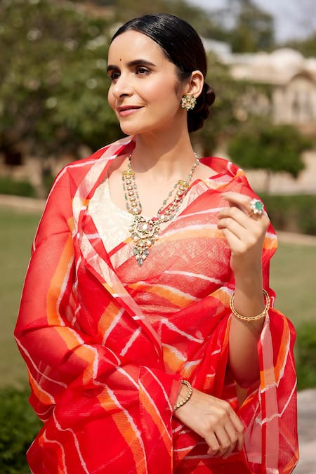 Shop Geroo Jaipur Red Silk, Kota Doria Leheriya Tie Dye Saree With Unstitched Blouse Fabric Online at Aza Fashions Shop_Geroo Jaipur_Red Silk, Kota Doria Leheriya Tie Dye Saree With Unstitched Blouse Fabric _Online_at_Aza_Fashions