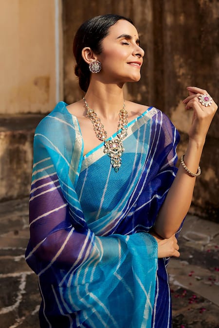 Buy Geroo Jaipur Blue Kota Doria, Silk Zari Tie Dye Leheriya Saree With Unstitched Blouse Fabric Online at Aza Fashions Buy_Geroo Jaipur_Blue Kota Doria, Silk Zari Tie Dye Leheriya Saree With Unstitched Blouse Fabric _Online_at_Aza_Fashions