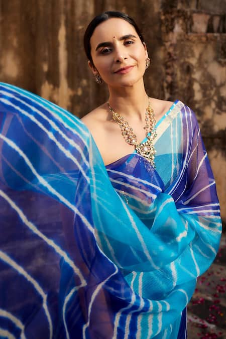 Shop Geroo Jaipur Blue Kota Doria, Silk Zari Tie Dye Leheriya Saree With Unstitched Blouse Fabric Online at Aza Fashions Shop_Geroo Jaipur_Blue Kota Doria, Silk Zari Tie Dye Leheriya Saree With Unstitched Blouse Fabric _Online_at_Aza_Fashions