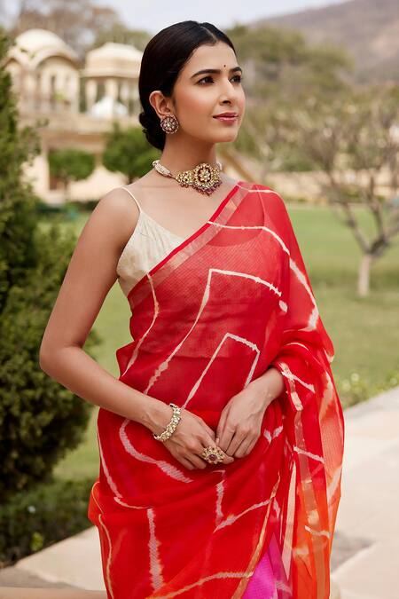 Shop Geroo Jaipur Multi Color Kota Doria Leheriya Dyed Saree With Unstitched Blouse Fabric Online at Aza Fashions Shop_Geroo Jaipur_Multi Color Kota Doria Leheriya Dyed Saree With Unstitched Blouse Fabric _Online_at_Aza_Fashions