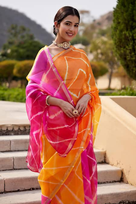 Orange and Pink Checkered Pure Silk Saree Latest 2593SR04