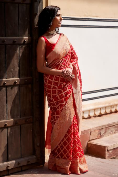 Geroo Jaipur_Red Georgette Zari, Embroidery Bandhani Dyed Saree With Unstitched Blouse Fabric_Online_at_Aza_Fashions