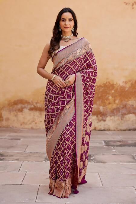 Purple Banarasi Georgette Saree with Woven Floral Weaves - Mirra Clothing