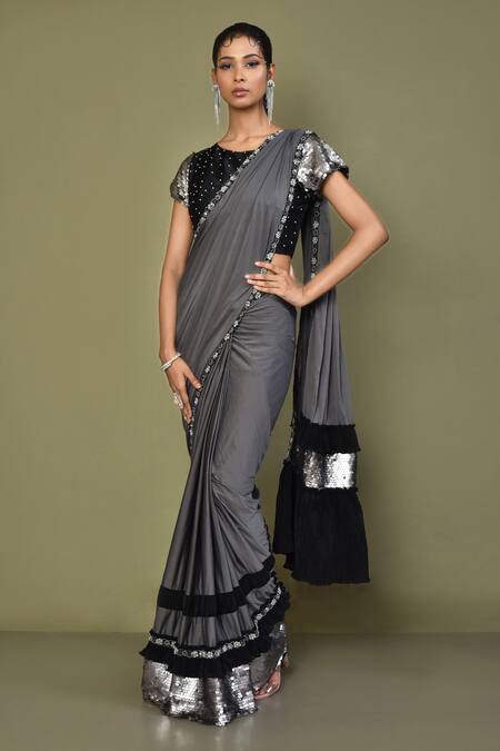 Queenswear Creation Grey & Black Embellished Sequinned Ready to Wear Saree  - Absolutely Desi