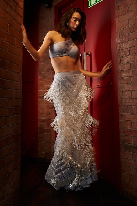 Shop_Garima Karwariya Designs_Grey Satin, Net Beads, Sequins One Fringe Tasselled Lehenga And Pleated Blouse Set _Online_at_Aza_Fashions
