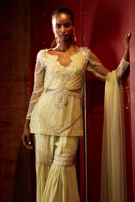 Garima Karwariya Designs Green Net, Georgette Sequins, Beads, Stones Hand Embroidered Kurta Sharara Set Online at Aza Fashions Garima Karwariya Designs_Green Net, Georgette Sequins, Beads, Stones Hand Embroidered Kurta Sharara Set _Online_at_Aza_Fashions