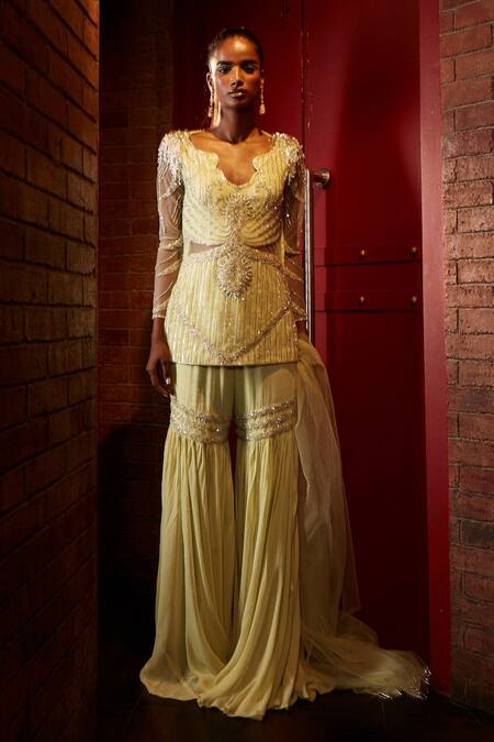 Buy Garima Karwariya Designs Green Net, Georgette Sequins, Beads, Stones Hand Embroidered Kurta Sharara Set Online at Aza Fashions Buy_Garima Karwariya Designs_Green Net, Georgette Sequins, Beads, Stones Hand Embroidered Kurta Sharara Set _Online_at_Aza_Fashions