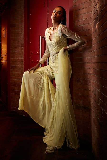 Shop Garima Karwariya Designs Green Net, Georgette Sequins, Beads, Stones Hand Embroidered Kurta Sharara Set Online at Aza Fashions Shop_Garima Karwariya Designs_Green Net, Georgette Sequins, Beads, Stones Hand Embroidered Kurta Sharara Set _Online_at_Aza_Fashions