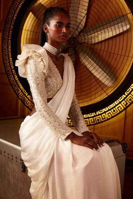 Shop_Garima Karwariya Designs_Ivory Satin, Crepe Sequins, Beads Plunge Neck Saree And Embroidered Blouse Set _at_Aza_Fashions