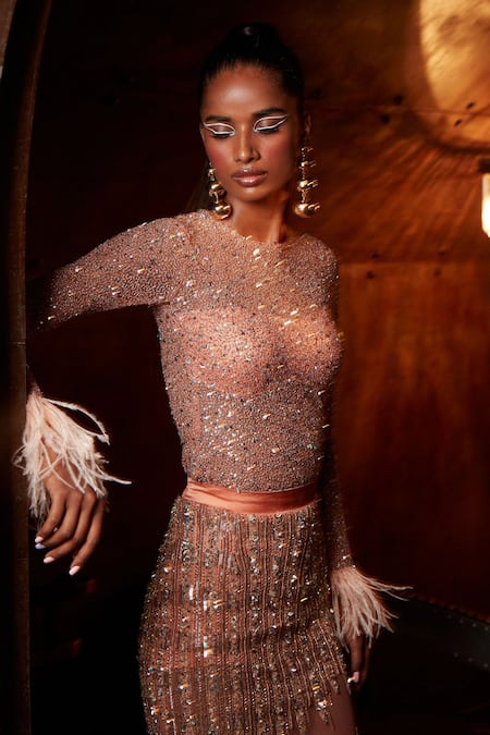 Buy Garima Karwariya Designs Coral Net, Linen Sequins, Beads Round Neck Hand Embroidered Top And Pencil Set Online at Aza Fashions Buy_Garima Karwariya Designs_Coral Net, Linen Sequins, Beads Round Neck Hand Embroidered Top And Pencil Set _Online_at_Aza_Fashions