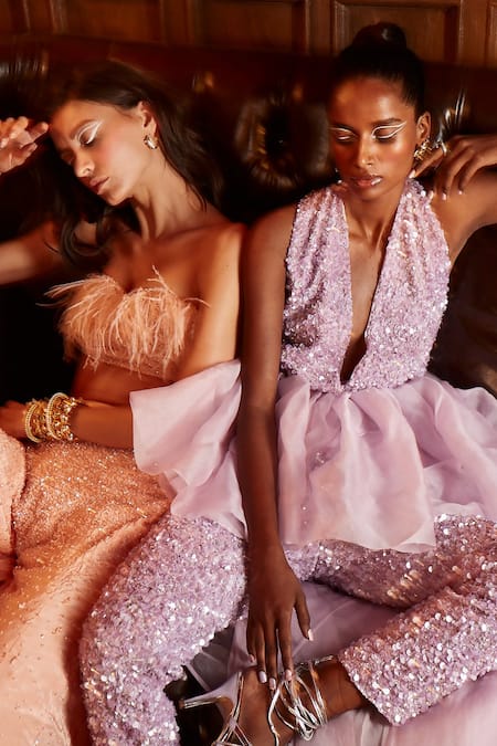 Garima Karwariya Designs_Purple Satin, Organza Sequins Halter Neck Work Peplum Top And Layered Pant Set _Online_at_Aza_Fashions