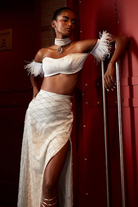 Shop_Garima Karwariya Designs_Blue Satin, Net Embroidery, Beads, Feathers Off Blouse And Skirt Set _Online_at_Aza_Fashions