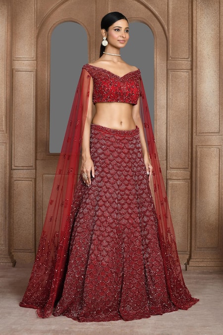 Buy_Kalighata_Maroon Net Sequins, Cut Work, Embroidery Ocean Lehenga And Blouse Set _Online_at_Aza_Fashions