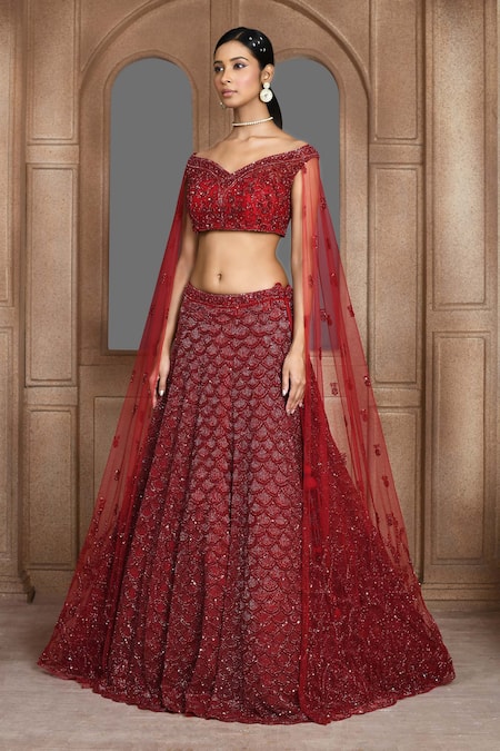 Shop_Kalighata_Maroon Net Sequins, Cut Work, Embroidery Ocean Lehenga And Blouse Set _Online_at_Aza_Fashions