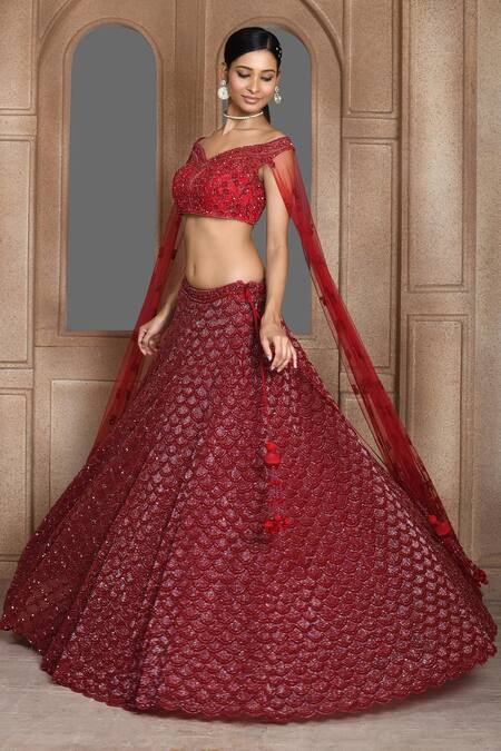 Kalighata_Maroon Net Sequins, Cut Work, Embroidery Ocean Lehenga And Blouse Set _at_Aza_Fashions