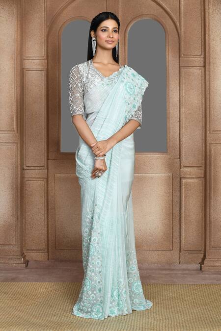 Kalighata_Blue Organza Sequins, Beads Shimmer Embroidered Saree _Online_at_Aza_Fashions