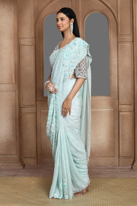 Shop_Kalighata_Blue Organza Sequins, Beads Shimmer Embroidered Saree _Online_at_Aza_Fashions