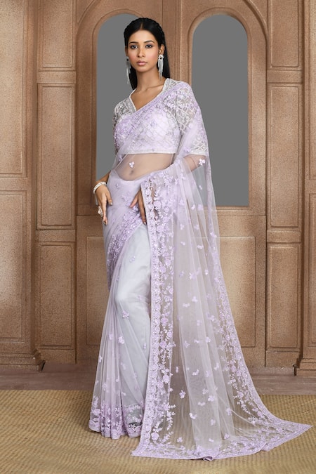 Kalighata_Purple Net Sequins, Beads, Cut Work V-neck Zoya Embroidered Saree And Blouse Set _Online_at_Aza_Fashions
