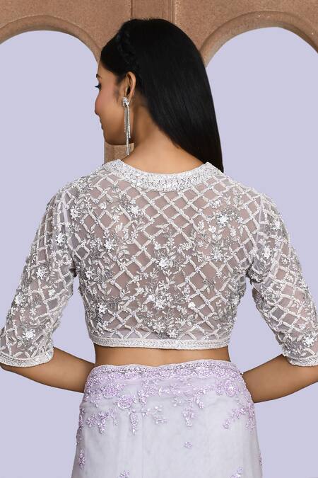 Shop_Kalighata_Purple Net Sequins, Beads, Cut Work V-neck Zoya Embroidered Saree And Blouse Set _Online_at_Aza_Fashions