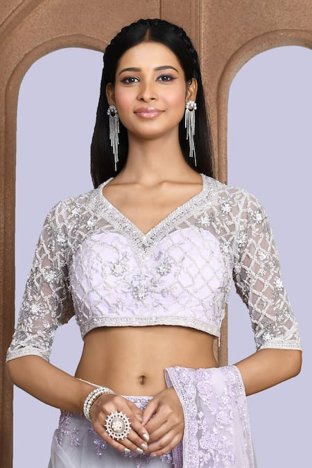 Kalighata_Purple Net Sequins, Beads, Cut Work V-neck Zoya Embroidered Saree And Blouse Set _at_Aza_Fashions