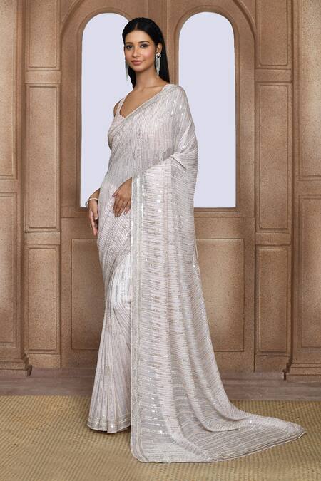 Kalighata_Pink Organza Cut Work, Sequins Disha Embroidered Saree _Online_at_Aza_Fashions