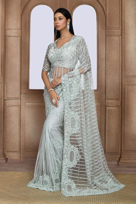 Kalighata_Green Net Cut Work, Sequins, Zari Sea Noor Embroidered Saree _Online_at_Aza_Fashions