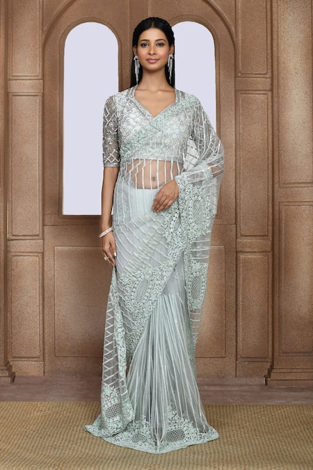 Buy_Kalighata_Green Net Cut Work, Sequins, Zari Sea Noor Embroidered Saree _Online_at_Aza_Fashions