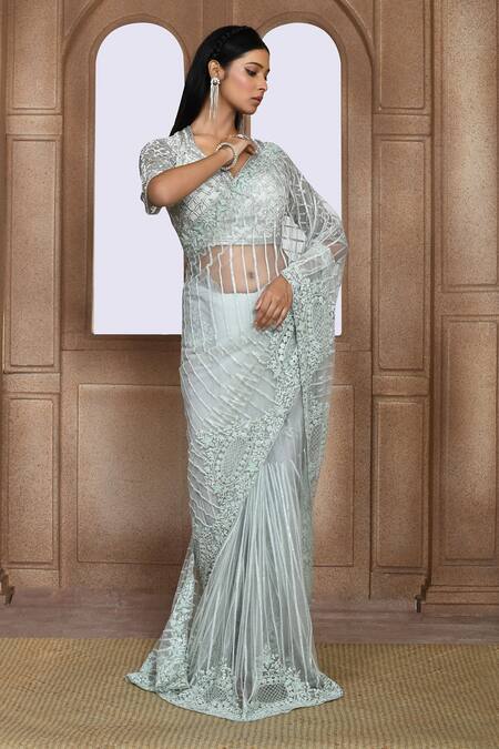 Shop_Kalighata_Green Net Cut Work, Sequins, Zari Sea Noor Embroidered Saree _Online_at_Aza_Fashions