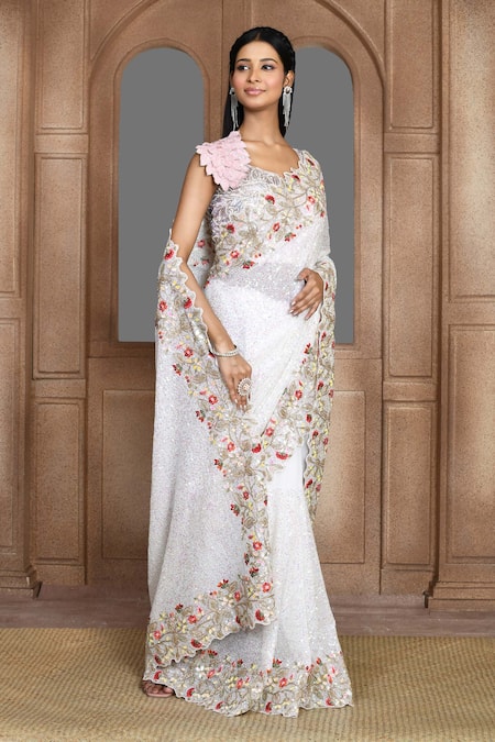 Buy_Kalighata_Ivory Silk Sequins, Beads, Cut Work Round Neck Embroidered Saree And Blouse Set _Online_at_Aza_Fashions