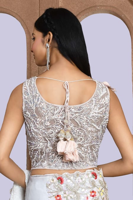 Shop_Kalighata_Ivory Silk Sequins, Beads, Cut Work Round Neck Embroidered Saree And Blouse Set _Online_at_Aza_Fashions