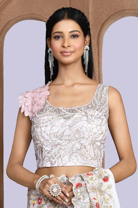 Kalighata_Ivory Silk Sequins, Beads, Cut Work Round Neck Embroidered Saree And Blouse Set _at_Aza_Fashions