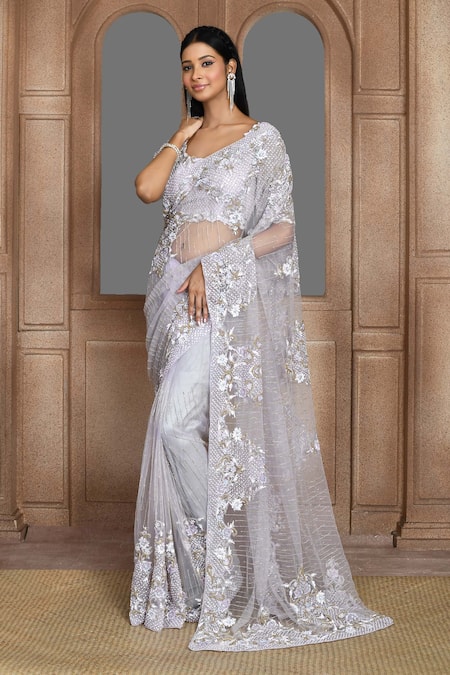 Kalighata_Purple Net Sequins, Beads, Cut Work, Zari Noor Embroidered Saree And Blouse Set _Online_at_Aza_Fashions