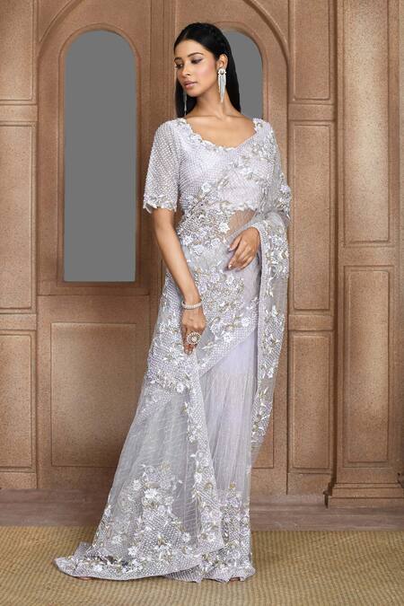 Buy_Kalighata_Purple Net Sequins, Beads, Cut Work, Zari Noor Embroidered Saree And Blouse Set _Online_at_Aza_Fashions