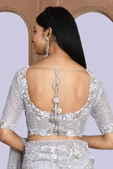 Shop_Kalighata_Purple Net Sequins, Beads, Cut Work, Zari Noor Embroidered Saree And Blouse Set _Online_at_Aza_Fashions