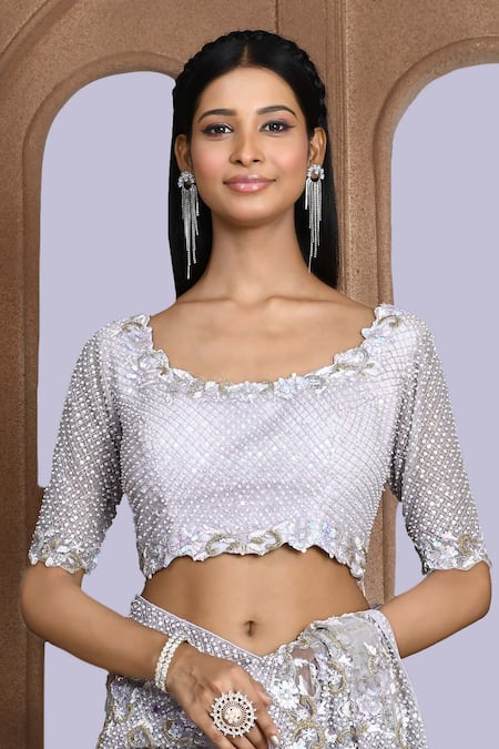 Kalighata_Purple Net Sequins, Beads, Cut Work, Zari Noor Embroidered Saree And Blouse Set _at_Aza_Fashions