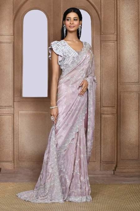 Buy_Kalighata_Purple Tissue, Silk Zari, Embroidery Marbella Zardozi Saree _Online_at_Aza_Fashions