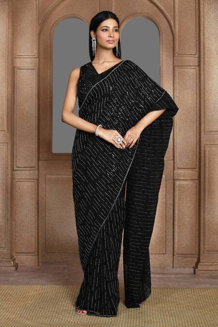 Kalighata_Black Organza Sequins, Cut Work V-neck Ruhi Embroidered Saree And Blouse Set _Online_at_Aza_Fashions
