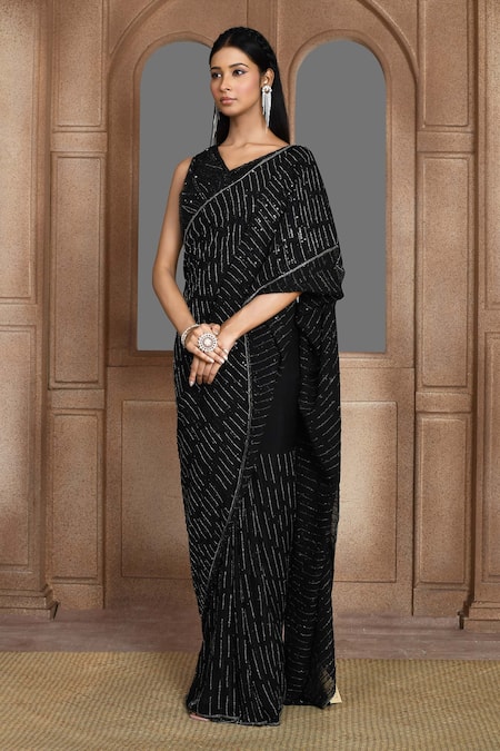 Buy_Kalighata_Black Organza Sequins, Cut Work V-neck Ruhi Embroidered Saree And Blouse Set _Online_at_Aza_Fashions