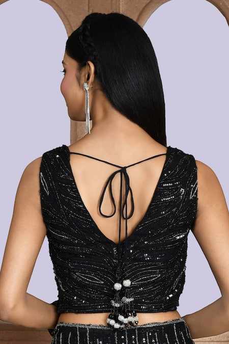 Kalighata_Black Organza Sequins, Cut Work V-neck Ruhi Embroidered Saree And Blouse Set _at_Aza_Fashions