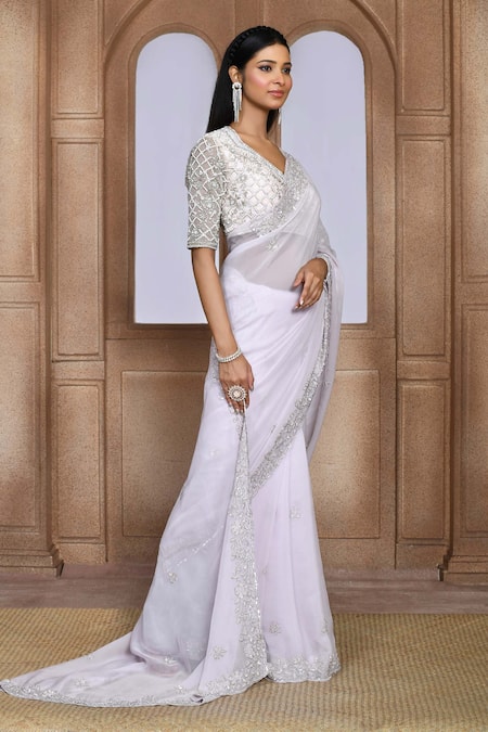 Buy_Kalighata_Purple Organza Sequins, Beads, Cut Work Mulan Embroidered Saree _Online_at_Aza_Fashions
