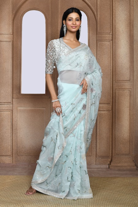 Buy_Kalighata_Blue Organza Sequins, Beads Damini Embroidered Saree _Online_at_Aza_Fashions