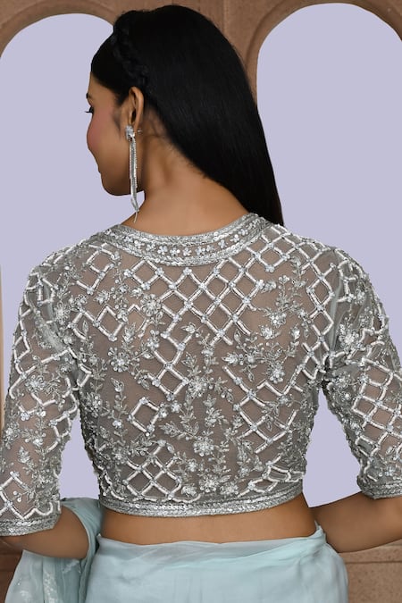 Shop_Kalighata_Blue Organza Sequins, Beads Damini Embroidered Saree _Online_at_Aza_Fashions