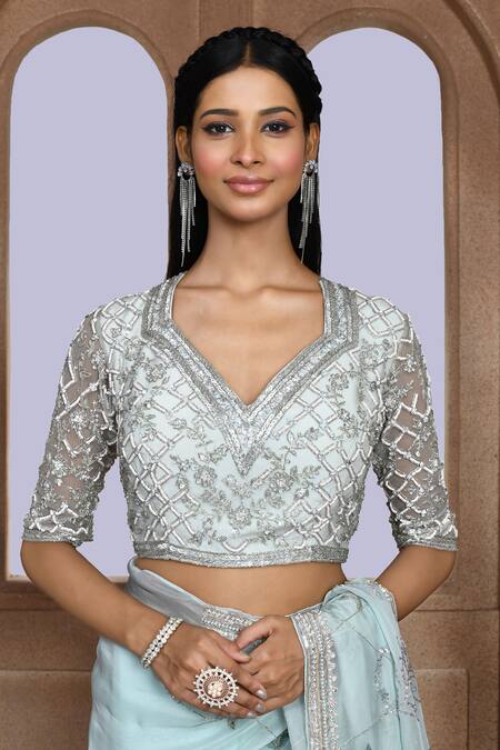 Kalighata_Blue Organza Sequins, Beads Damini Embroidered Saree _at_Aza_Fashions