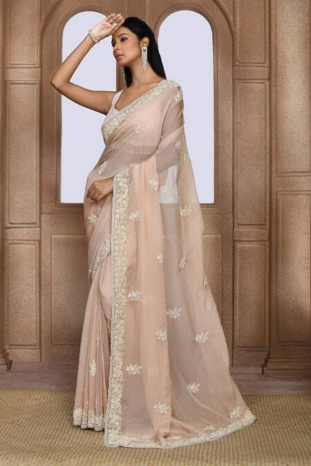 Kalighata_Peach Organza Sequins, Beads, Zari Blooms Embroidered Saree _Online_at_Aza_Fashions