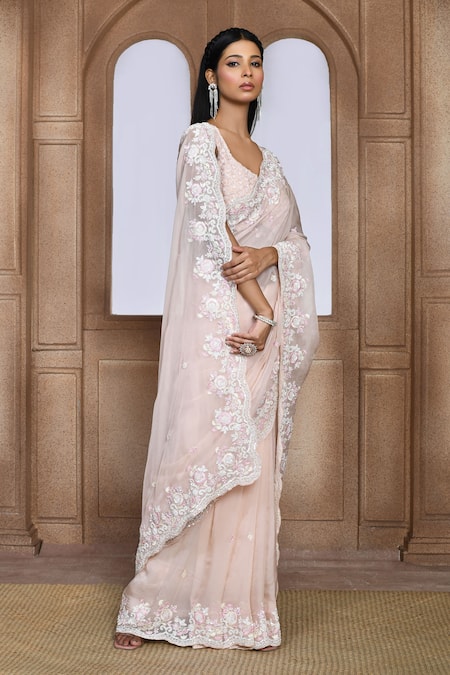 Buy_Kalighata_Peach Organza Sequins, Pearls, Cut Work Floral Embroidered Saree _Online_at_Aza_Fashions