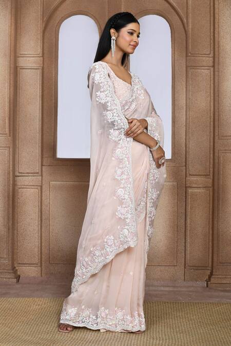 Shop_Kalighata_Peach Organza Sequins, Pearls, Cut Work Floral Embroidered Saree _Online_at_Aza_Fashions