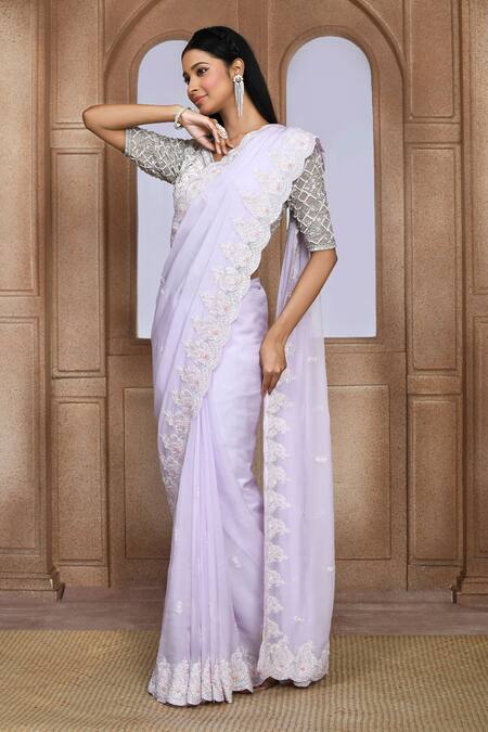 Shop_Kalighata_Purple Organza Sequins, Beads Tripti Embroidered Saree _Online_at_Aza_Fashions