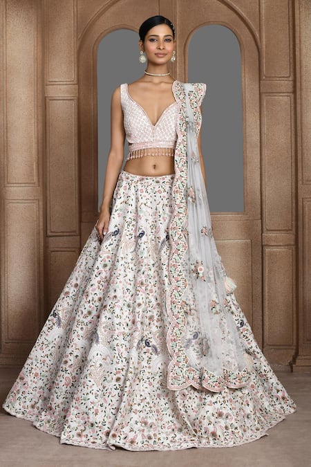 Kalighata_Pink Silk, Chiffon Sequins, Beads Plunge Neck Embroidered Bridal Lehenga Set _Online_at_Aza_Fashions